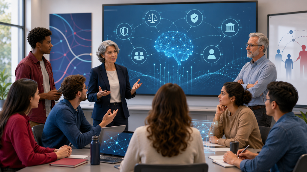 Gruppo di studenti, docenti e personale universitario in aula mentre discutono l’uso responsabile dell’intelligenza artificiale, con visualizzazioni digitali su etica, sicurezza e governance.